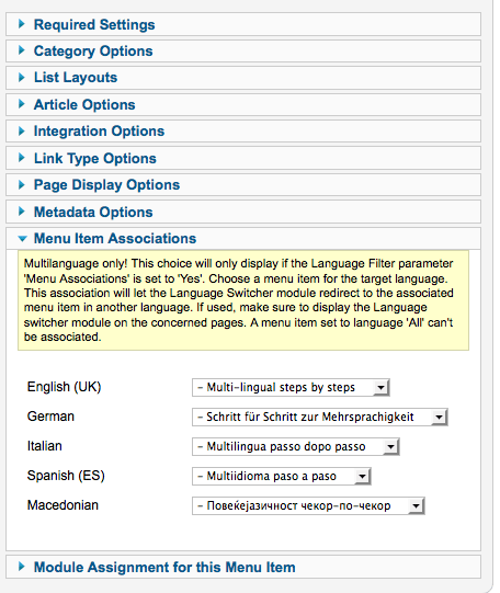 menu item association slider