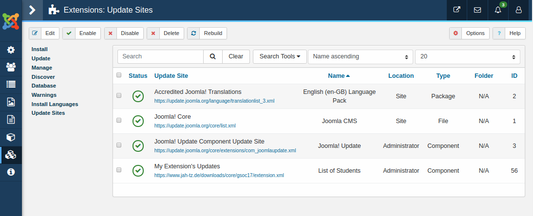 Joomla Extension Update sites