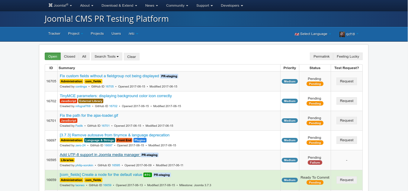 Joomla PR Testing platform