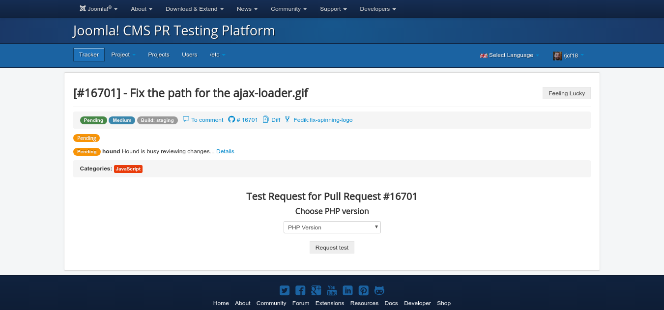 Joomla PR Testing platform issue