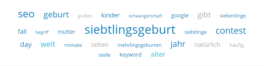 Termgewichtung zu Siebtlingsgeburt. Die wichtigen Terme für Google sind ihrer Reihenfolge nach: Siebtlingsgeburt, seo, contest, geburt, jahr, welt, siebtlinge, mehrlingsgeburten, siebenlinge und viele mehr